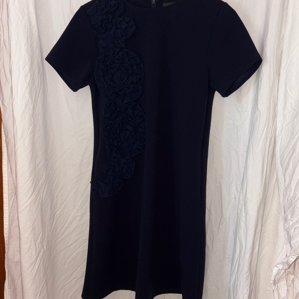Gracia Navy Short Sleeve Event Dress with beautiful fabric detailing.